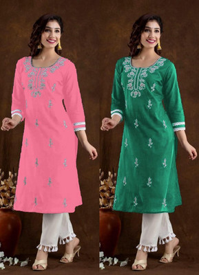 SISTO Women Chikan Embroidery Straight Kurta(Multicolor)