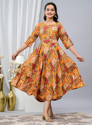 Tejal Textile Women Printed Anarkali Kurta(Brown)