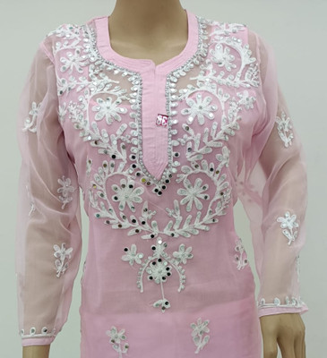 Handworkchikan Women Chikan Embroidery A-line Kurta(Pink)