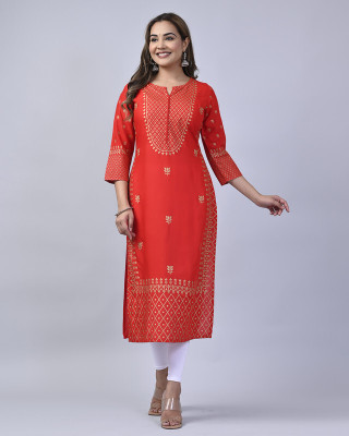 Mauka Women Printed Straight Kurta(Red)