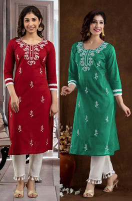 SISTO Women Chikan Embroidery Straight Kurta(Red, Green)