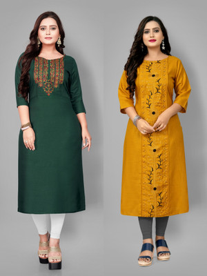 Fabriza Women Embroidered A-line Kurta(Green, Yellow)