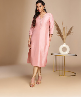 Janasya Women Solid A-line Kurta(Pink)