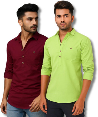 CROWNTAIL Men Solid Straight Kurta(Maroon, Light Green)