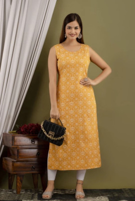 A C KANANI Women Printed Straight Kurta(Yellow)