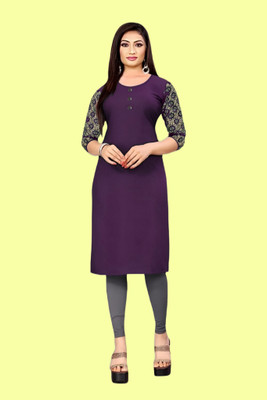 HOFC Women Solid Straight Kurta(Purple)