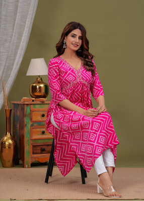 Laxmi Fab Tex Women Printed Flared Kurta(Pink)