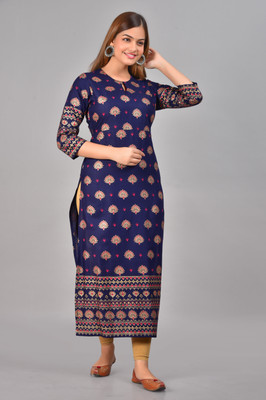 SAK JAIPUR Women Printed Straight Kurta(Dark Blue)