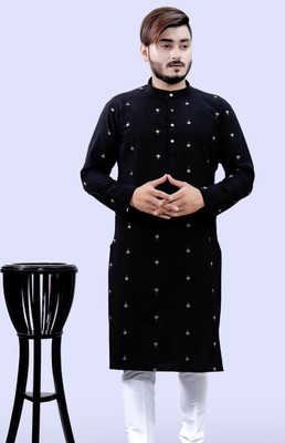 Tibra Collection Men Woven Design Straight Kurta(Black)