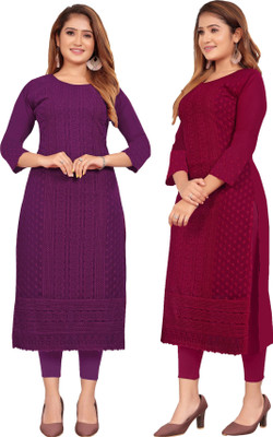 KAYRAAH Women Self Design Straight Kurta(Maroon, Purple)
