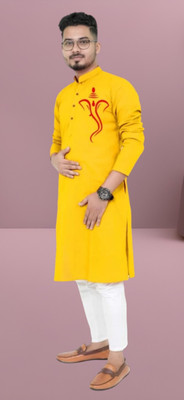 Mamta fab Men Printed Straight Kurta(Yellow)