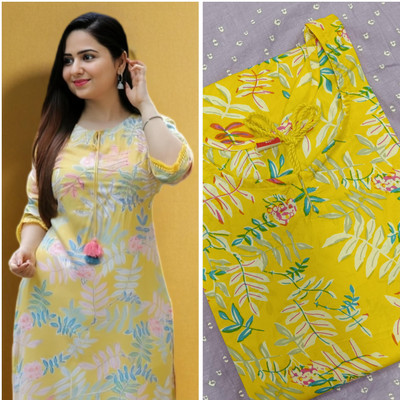 Aishal Fashion Women Printed, Floral Print Straight Kurta(Yellow)