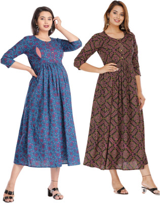 Damsel Women Printed Anarkali Kurta(Blue, Black)