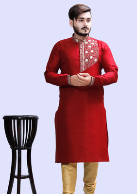 Tibra Collection Men Embroidered Straight Kurta(Red)
