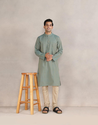 Fabindia Men Striped A-line Kurta(Green)