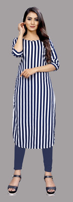 HouseOfCommon Women Striped A-line Kurta(White, Blue)