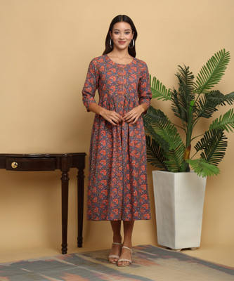 Myaza Women Printed A-line Kurta(Orange)