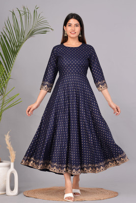 Da vastraagaar Women Printed Anarkali Kurta(Dark Blue)