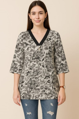 Azka Women Printed Straight Kurta(Grey, Beige)