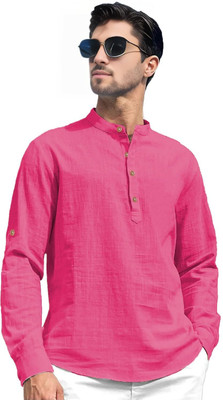 KNOWTED Men Solid Straight Kurta(Pink)