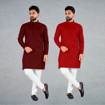 HOC's Men Solid Straight Kurta(Maroon, Red)