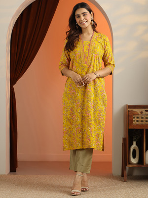 LIBAS Women Printed Straight Kurta(Yellow)