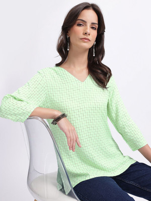 Anouk Rustic Women Checkered Straight Kurta(Green)