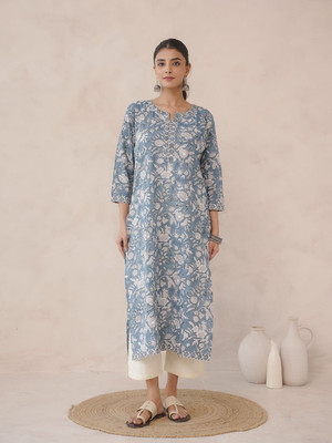 Goodhand Women Printed Straight Kurta(Blue)