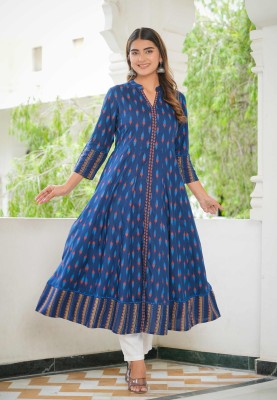 AKIKO Women Ikat Anarkali Kurta(Blue)