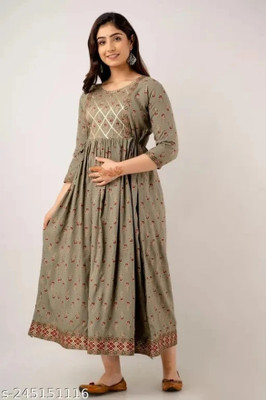 Tropwear Women Printed Anarkali Kurta(Grey)