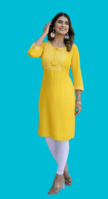 Rdwapers Women Embroidered Straight Kurta(Yellow)