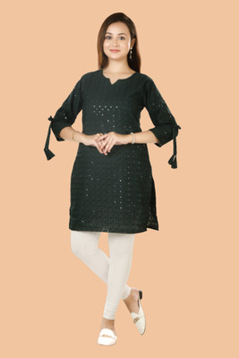 VISHESTA Women Embroidered Straight Kurta(Black)