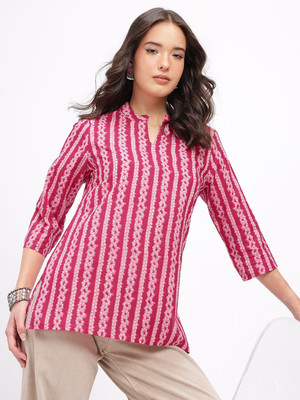 Anouk Rustic Women Striped Straight Kurta(Red, White)