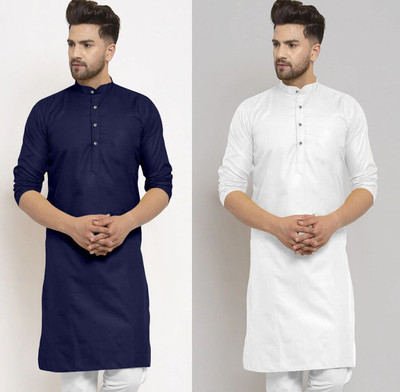 JENZEE Men Solid Straight Kurta(Dark Blue, White)
