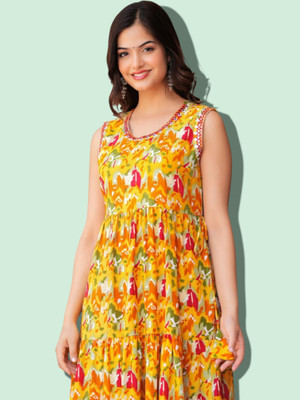 Khwaish Women Printed Anarkali Kurta(Yellow)