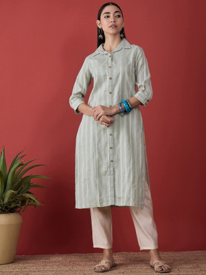 ANOUK Women Woven Design Straight Kurta(Light Green)