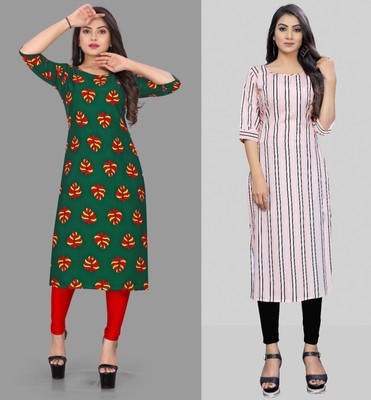maruti fab Women Printed Straight Kurta(Green, Pink)
