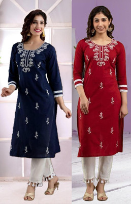 vikshi Women Chikan Embroidery A-line Kurta(Multicolor)
