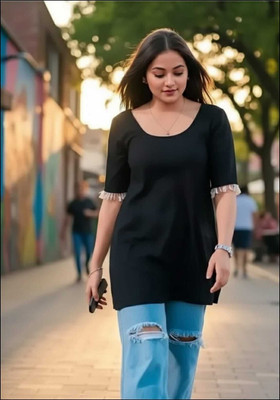 MAHAWAR Women Solid, Embellished Straight Kurta(Black)