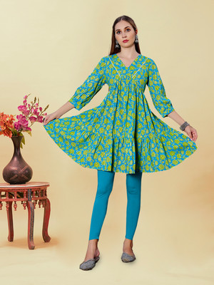 ANOUK Women Floral Print A-line Kurta(Blue)