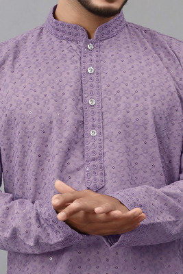 ALMORA Men Embroidered A-line Kurta(Purple)