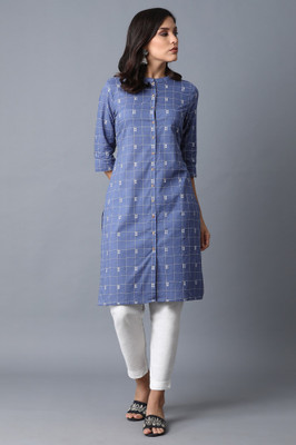 W Women Geometric Print Straight Kurta(Dark Blue)