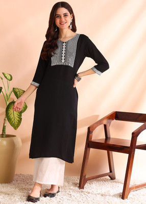 HIVA TRENDZ Women Embroidered Straight Kurta(Black)
