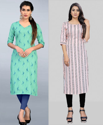 maruti fab Women Striped, Floral Print Straight Kurta(White, Green)