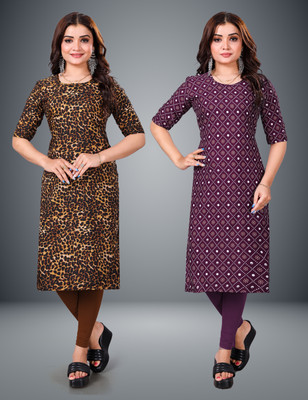 MOBHISA Women Printed Straight Kurta(Purple)