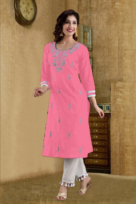 vikshi Women Chikan Embroidery Straight Kurta(Pink)