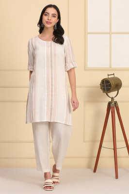 Aurelia Women Striped Straight Kurta(Beige)