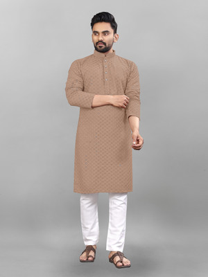 ALMORA Men Embellished Straight Kurta(Beige)