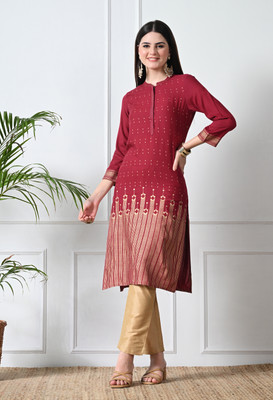 TOP30 Women Printed Straight Kurta(Maroon)