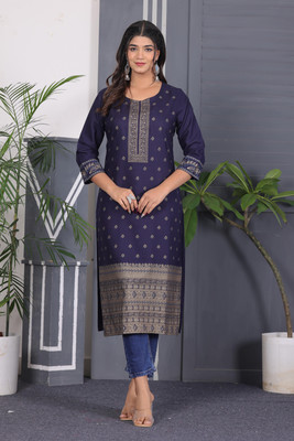 MinniTrends Women Block Print Straight Kurta(Dark Blue)